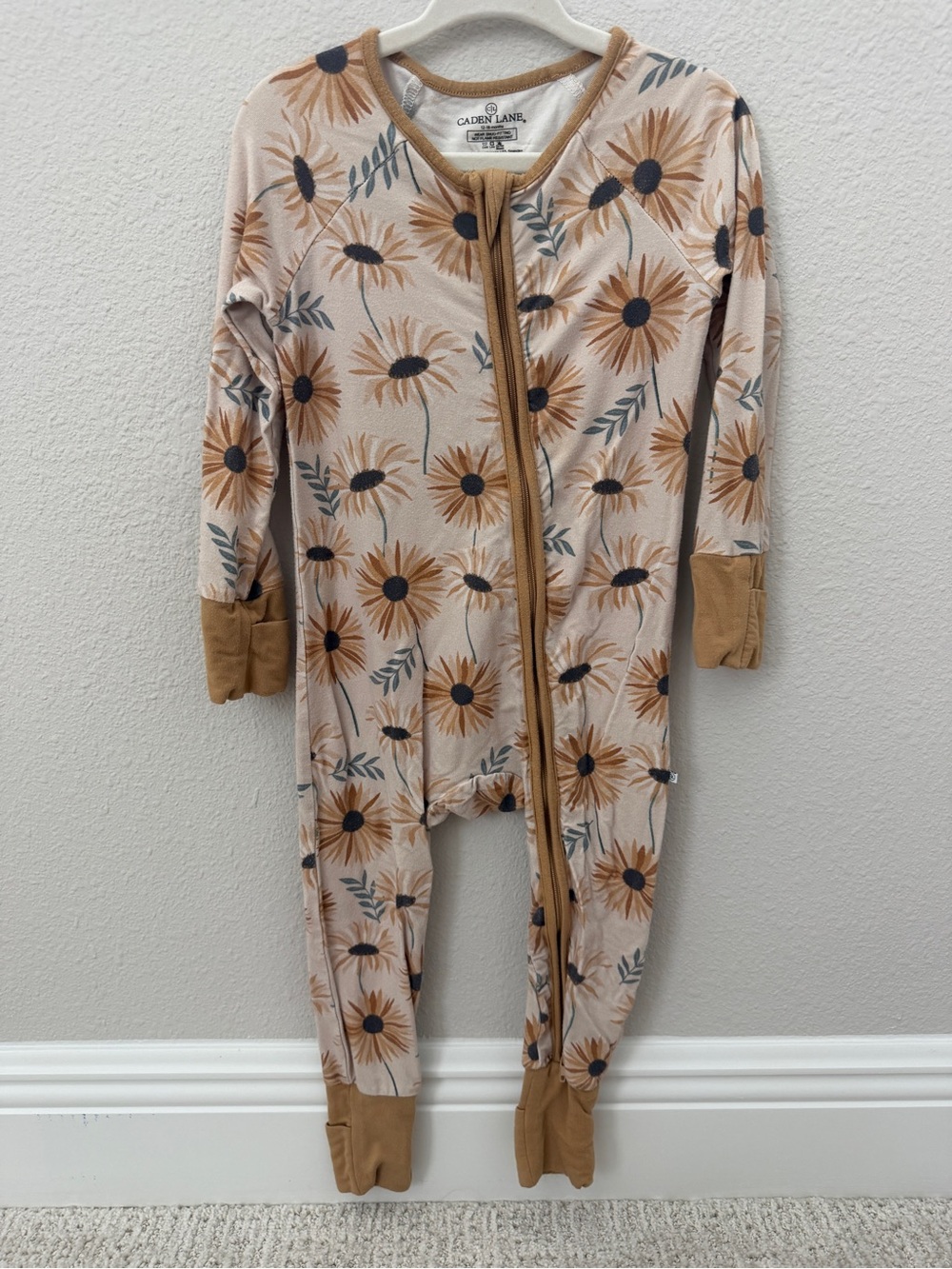 Caden Lane Beige Floral Zip Footie with Mustard Trim